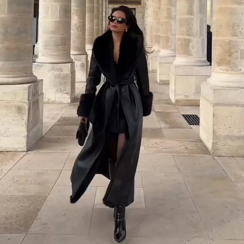 🍒Black faux leather womens coat trench fur coat collar & cuffs fashion belted waist coat long jacket chic streetwear Go On A Poodle Walk