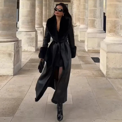 🍒Black faux leather womens coat trench fur coat collar & cuffs fashion belted waist coat long jacket chic streetwear Go On A Poodle Walk
