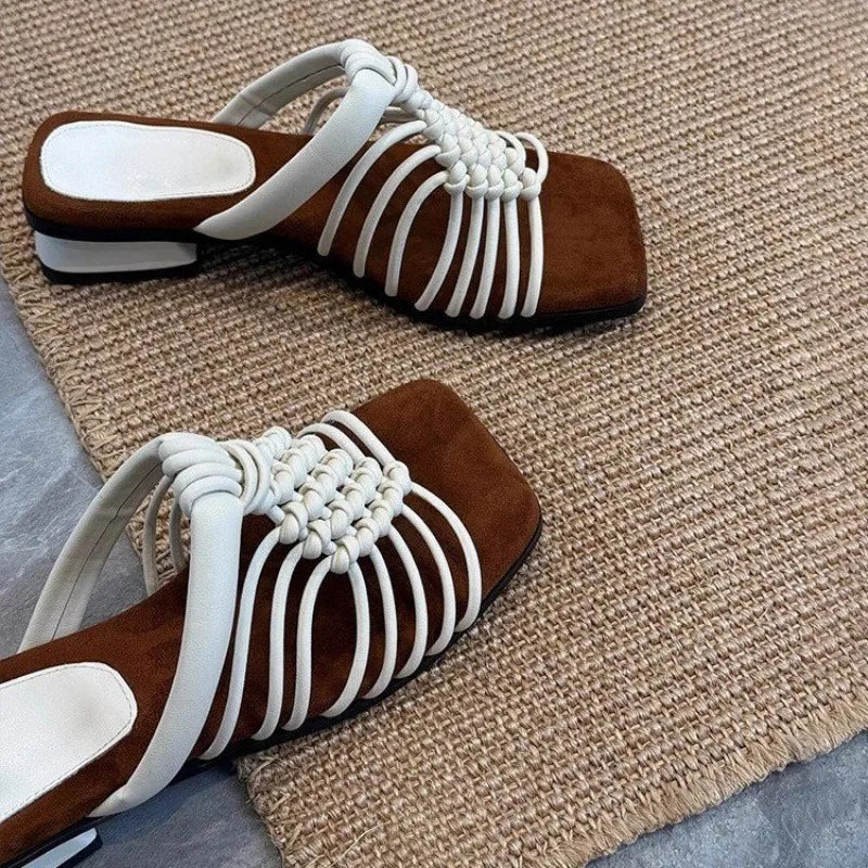 🍒String sandals woven strap slipper shoes summer square toe sandels woven non-slip wear-resistant low heel shoes for women