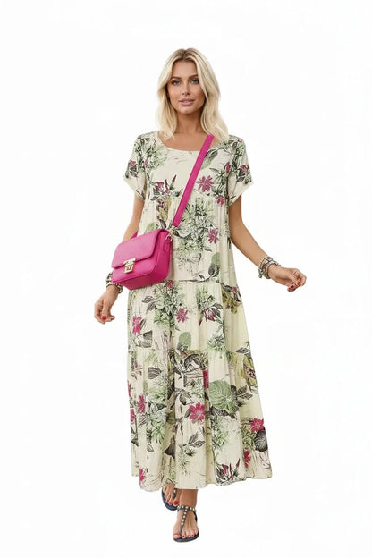 🍒Women's round neck short sleeve dress loose waist linen A-Linen out fit maxi length casual summer wear floral fashion Flattering Floral