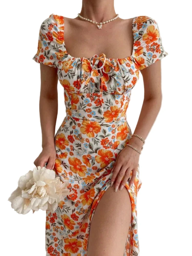 🍒Floral print party dress elegant women off shoulderless backless outfit summer slit boho midi smart casual ladies clothing Figure Out Your Floral Fashion