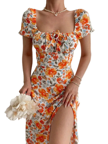 🍒Floral print party dress elegant women off shoulderless backless outfit summer slit boho midi smart casual ladies clothing Figure Out Your Floral Fashion