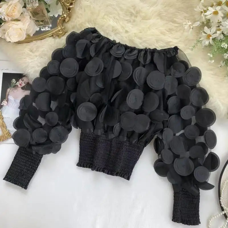 🍒Modern floral tops for women occasion shirred hem t-shirt design mesh patch long sleeve off the shoulder gigot Sleeve  bouse Y2k asthetic Hot Spot