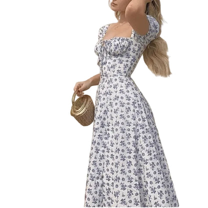 🍒Ruffle dress off shoulder summer vintage floral printed dress french women wear square neck backless outfit Slip On Relax And Take The World Off Your Shoulder