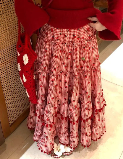 🍒女士叠层长裙草莓球弹力高腰时尚复古服装优雅宽松长裙女夏休闲装穿上这条裙子，在你的草莓上抹上奶油吧