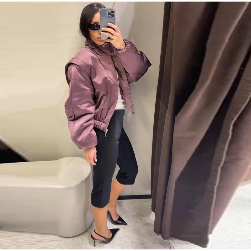 🍒Langmou-bomberbaadjie vir vroue, met ritssluiting en opstaande kraag, buiteklere kort gemaklike baadjie soliede sjiek vroulike satynklere mode Mauve Is In