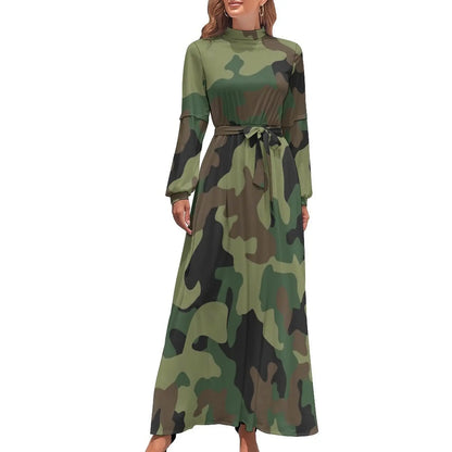 🍒Militêre kamoefleerrok hoë middellyf uitrusting boheemse sjiek langmou maxi stylvolle slim gemaklike klere vroue Camodel Camo