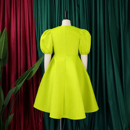 🍒Elegante rokke vir dames met O-nek, kortmoue, uitrusting vir verjaarsdagpartytjie, hoë middellyf, geplooide pofmoue, vrouemodemode, geleentheidsdrag, aandpartytjiedrag, middelkalf, luukse B'day Bopper Beauty Babe