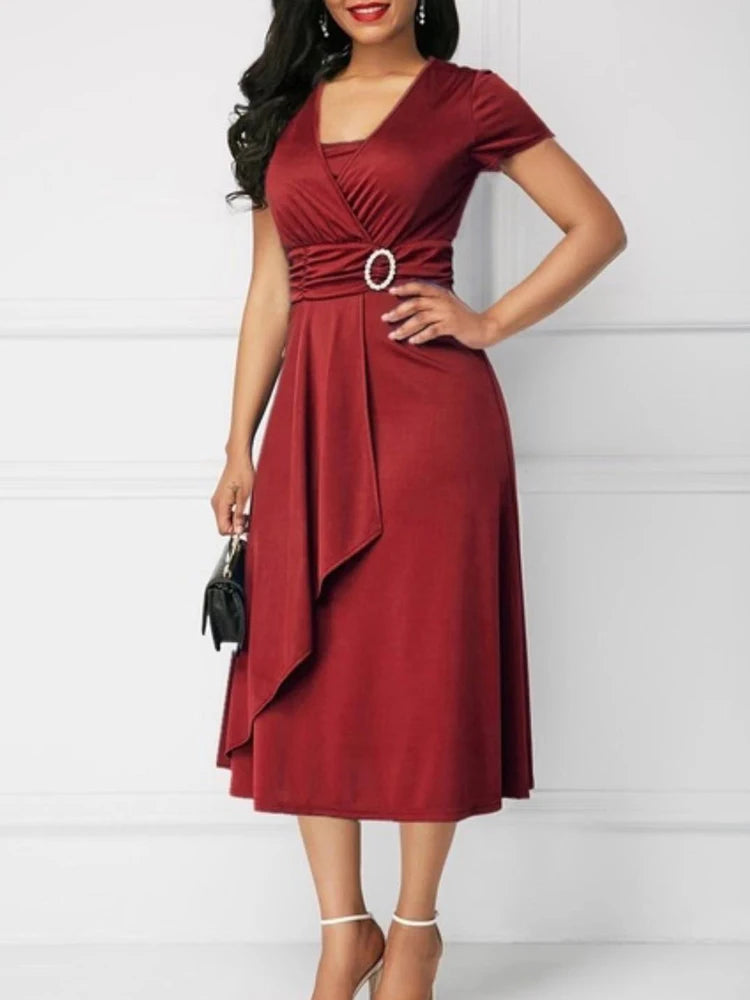 🍒Somerrok effek hoë middellyf kleur kortmou uitrusting V-nek mode met asimmetriese soom midi partytjiedrag aand geleentheid drag Juicy Jewels