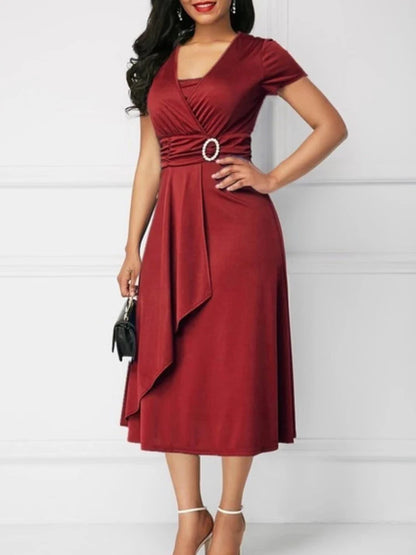 🍒Somerrok effek hoë middellyf kleur kortmou uitrusting V-nek mode met asimmetriese soom midi partytjiedrag aand geleentheid drag Juicy Jewels