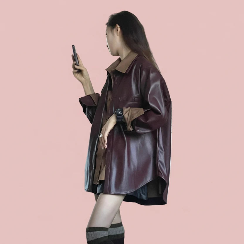 🍒Shirt style jackets faux leather womens oversized outerwear solid single breasted spring/autumn stylish vintage turn-down collar windbreak casual coats chic female clothing     Luvly Lazy-Like Leather Look