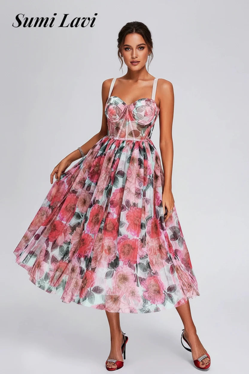 🍒High waist party dress with bodice and full skirt elegant floral print for summer fashion  sleeveless a-line dress off shoulder outfit women Fun Floaty Floral