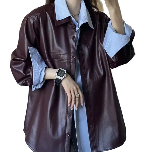 🍒Hempartjie-styl baadjies kunsleer vroue oorgroot buiteklere effe enkelbors lente/herfs stylvol vintage omvou-kraag windbreker gemaklike jasse sjiek vroulike klere Luvly Lazy-Like Leather Look