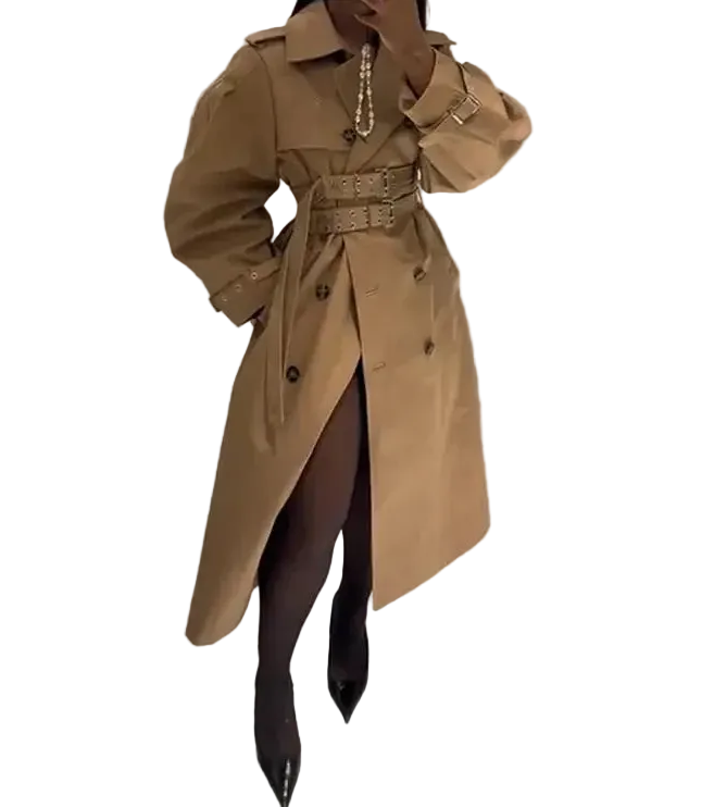 🍒Hooded trench coat women casual puff sleeve outerwear. double breasted belted cropped Jacket khaki fashion clothing                               2.long trench version  Travel Along Cool Double Belt