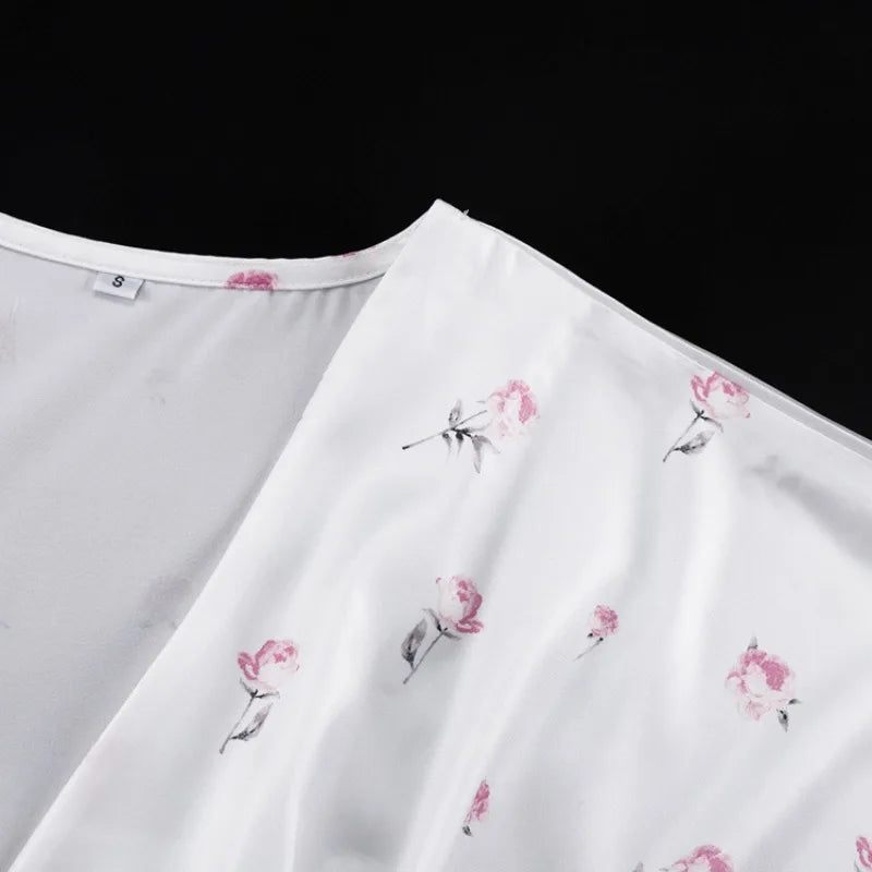 🍒Wit blomme satyn maxi rok vir vroue gemaklik of geleentheid trougas strandvakansie uitrusting blomme gedrukte V-nek rok vroue mode skraal pasmiddellyf kort vlindermou lang somerdrag met kort moue hoë middellyf oulike gemaklike geleentheid