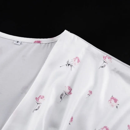 🍒Wit blomme satyn maxi rok vir vroue gemaklik of geleentheid trougas strandvakansie uitrusting blomme gedrukte V-nek rok vroue mode skraal pasmiddellyf kort vlindermou lang somerdrag met kort moue hoë middellyf oulike gemaklike geleentheid