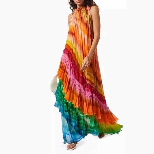 🍒Chiffon nekdasrok dames lente somer uitrusting gedrukte moulose maxi rok kleurvolle druk partytjie drag los rokke vir geleenthede Multiply Multi colour
