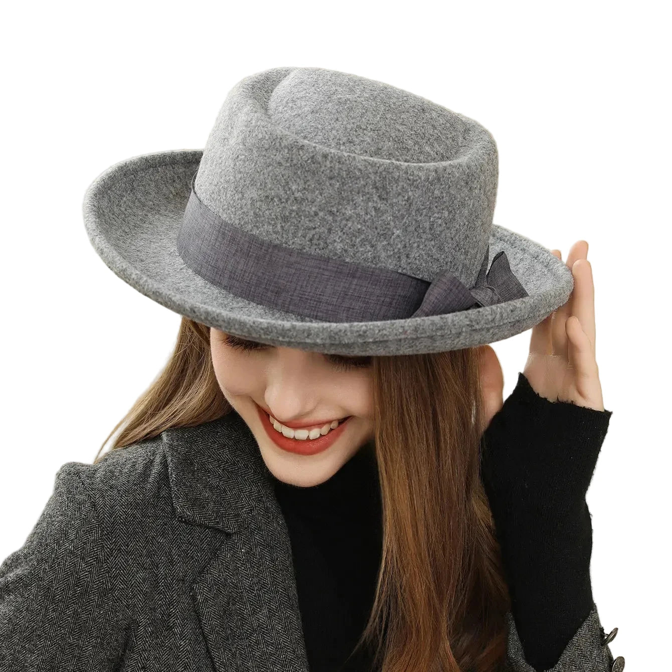 🍒Vroue se herfs- en winterhoed wolvilt fedora met syboog klassieke Italiaanse stylhoed opgerolde rand plat top mode hoofbedekking  FED op met DORA wat jou HOEDE steel kry hierdie en kruip weg in jou koel kas