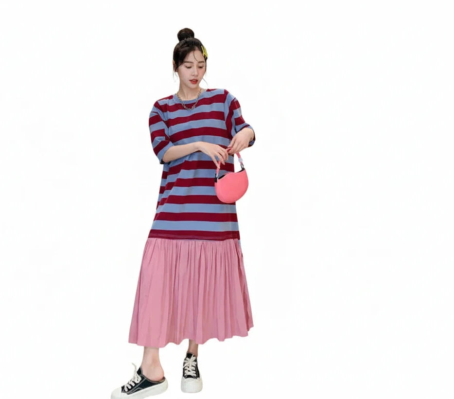 🍒Summer women midi dresses plus size false two-piece cotton stripe mixed media outfit casual wear holiday fashion wear stripee Plain And Simple