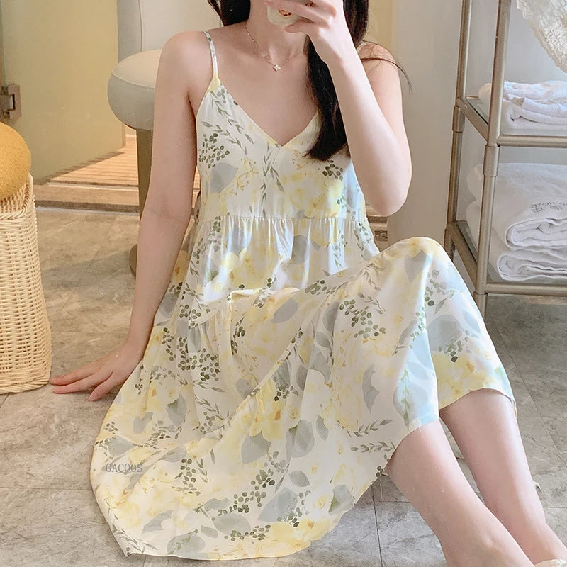 🍒Moue nagrok vir Vroue, asemende viskosekatoen-camisole-nagrok, bloemryke nagrok, huisdrag, somerdrag, vakansiedrag, nagdrag, Vars Blommepatrone