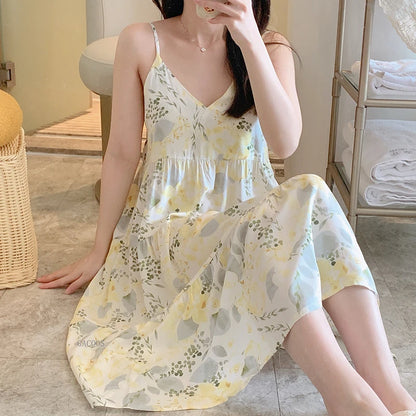 🍒Moue nagrok vir Vroue, asemende viskosekatoen-camisole-nagrok, bloemryke nagrok, huisdrag, somerdrag, vakansiedrag, nagdrag, Vars Blommepatrone
