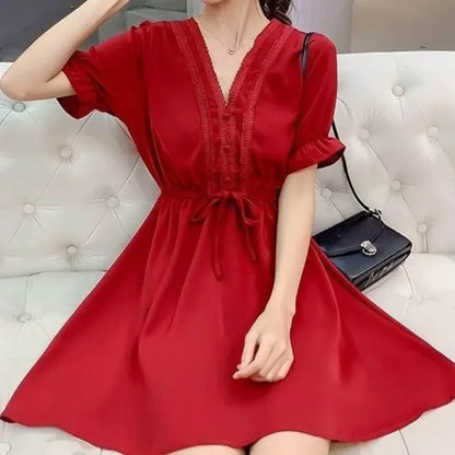 🍒Chiffon satynrok mini dames sagte syagtige uitrustings, roffel, slim gemaklike klere vir somergeleenthede, partytjiedrag, Dainty Dollar Dollar Doll