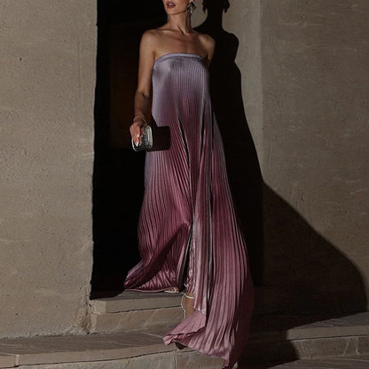 🍒Bandeau maxi evening dress sleeveless design outfit shoulderless gradient long pleated women's irregular fashion occassion partywear
