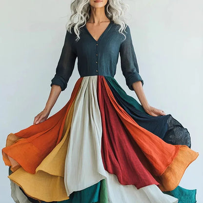 🍒Print swing dress pleated v-neck outfits high waist maxi dress long-sleeved boho fashionv vacation dress long sleeve Get A Girly Swirl