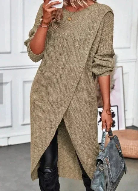 🍒Long knitted sweater women gray wool coat autumn winter  fashion warm maxi sweater dress Y2k fashion style No Spinning A Yarn This knit is Cool