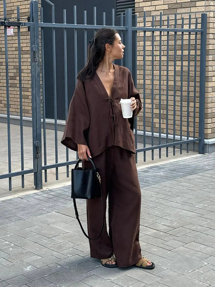 🍒Summer fashion outfits chic brown cotton linen lace up shirt suits casual v- neck long sleeves loose pants set lady Dont Get Browned Off With Uncomfy Clothes Get Some Chocholate And Relax