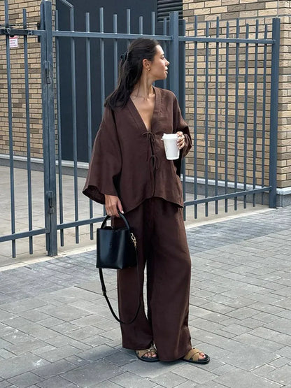 🍒Somer-mode uitrustings sjiek bruin katoen linne vetershemp pakke gemaklike v-nek langmou los broek stel dame Moenie vererg raak oor ongemaklike klere nie Kry sjokolade en ontspan