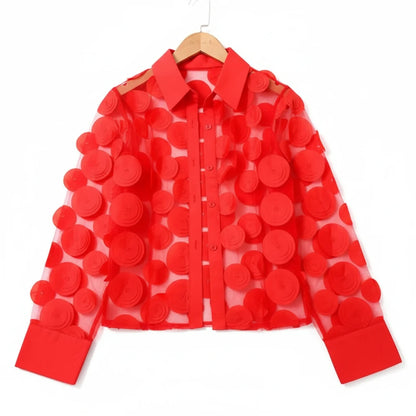 🍒Elegante Franse bloes 3D blom semi-deursigtige gaashemp top vroue lanternmou bloese somer Pick A Peach Or Two