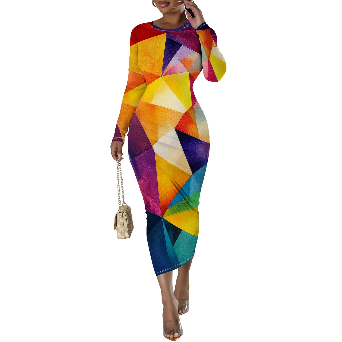 🍒Plus size geometric midi dress full sleeve bodycon women's party vacation outfit bright color clothes date night workwear Drink Wine In A Cut Glass