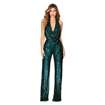 🍒Sleeveless backless jumpsuit Women's  halter one piece outfit with sequins occasion partywear