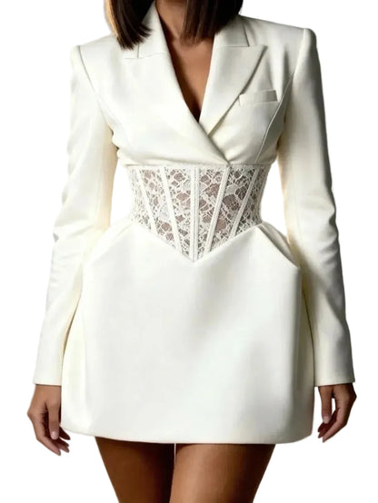 🍒Lace mixed media dress blazer v-neck dresses with sleeves short long sleeve mini evening party chic gown Spring feminine dress occasion wear womens    don’t WAIST time NET this SHORTly