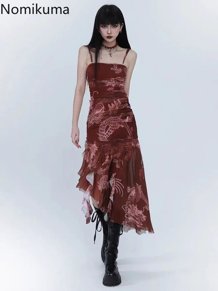 🍒Womens print chiffon dress party occasion wear sleeveless outfit women summer wear clothes Irregular fashionwear Relax In Red Rebel