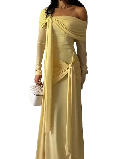 🍒Solid pleated off shoulder maxi dress elegant summer clothes women long sleeve party dress chic occasion wear Get Sun Drenched