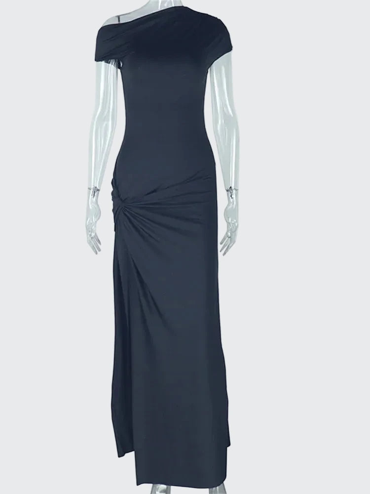 🍒Draped one shoulder dress neck womens split a-line outfits slant shoulder maxi bodycon with slit elegant party frock white summer occasion clothes You Won”t Get Any BLANC Reactions With this Cool WHITE DRESS
