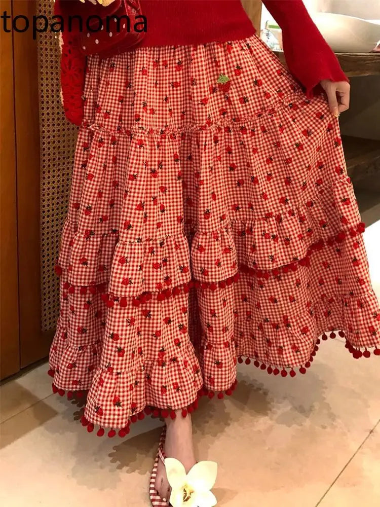 🍒女士叠层长裙草莓球弹力高腰时尚复古服装优雅宽松长裙女夏休闲装穿上这条裙子，在你的草莓上抹上奶油吧