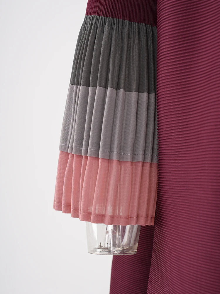 🍒Ruffle pleated midi dress lapel button and flared sleeve women fashion single breasted loose outfit contrast colour