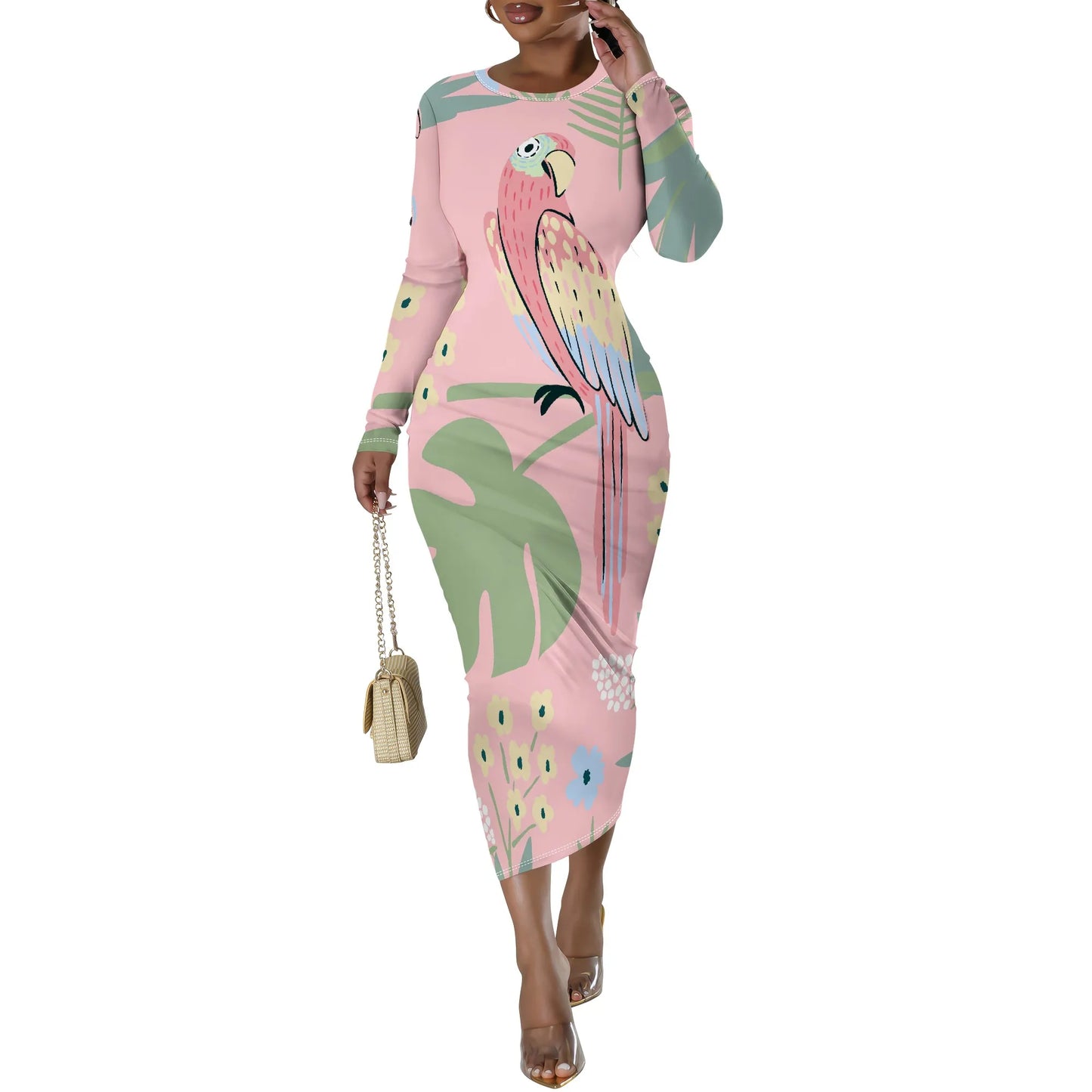 🍒Blommetjiesrokke vir vroue met o-nek, langmou, mode-rekbare somerklere, noupassende bodycon midi slim gemaklik Jy Sal Nie Hierdie Rok Los Nie