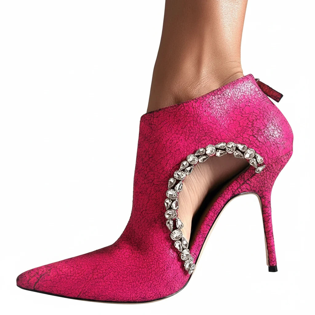 🍒Womens shoe booties genuine leather luxury brand stilettos with diamonds accent pointed toe open arch boots with back zipper leather fashion footwear office shoes occasion shoes Diamond Cut Gems