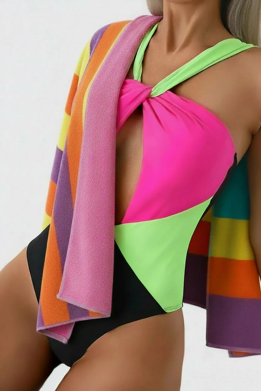 🍒Modieuse swemdrag eenstuk poelswemklere vir vroue Ruglose swemklere met uitsny-kruiskleur swembroek Tri-kleur Skouspel