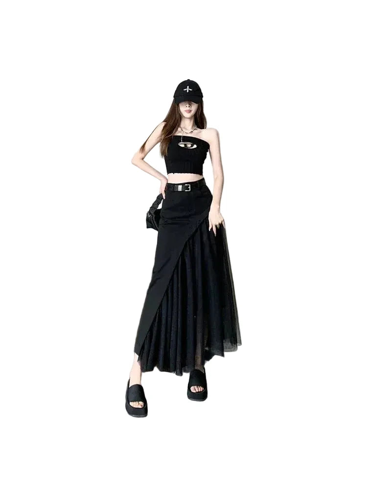 🍒Womens black skirt long smart casual wear vintage a-line skirt Y2k fashion streetwear party occashion clothes Wear Mixed Media A-ffair