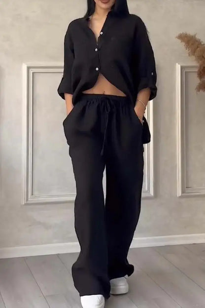 🍒two piece sets casual long sleeve womens shirt with pockets and fashion loose wide leg pants outfit smart casual clothes         Ba-sick