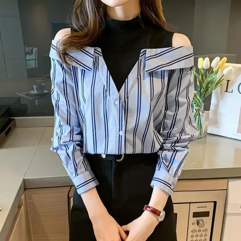 🍒 女式假两件衬衫棉质衬衫露肩上衣酷炫蓝条纹衬衫 女性独特潮流青春款