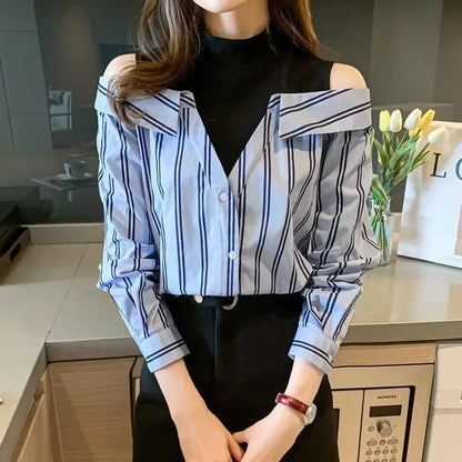 🍒 女式假两件衬衫棉质衬衫露肩上衣酷炫蓝条纹衬衫 女性独特潮流青春款