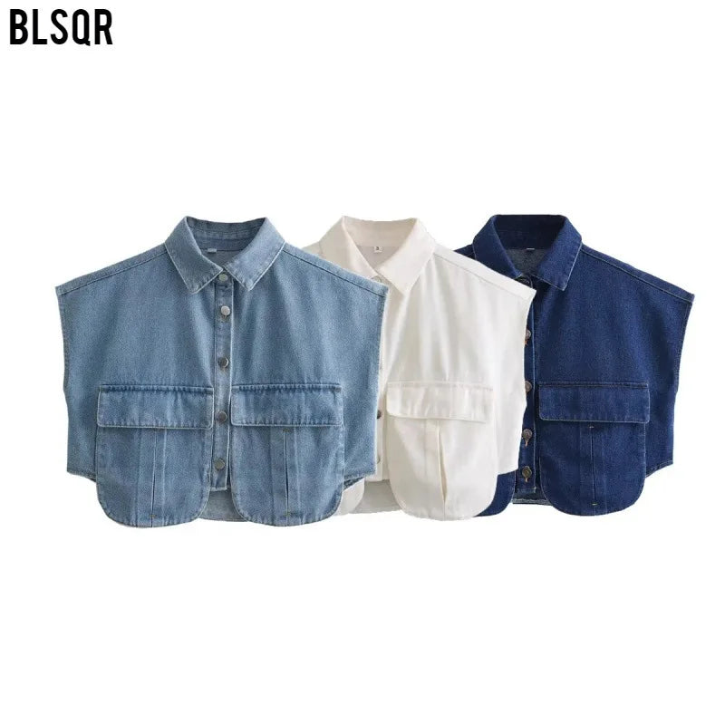 🍒Women's summer cropped shirt sleeveless blouse top ladies elegant with large pockets vintage style chic casual solid summer clothing high end cardigan denim top Pocket This Crop