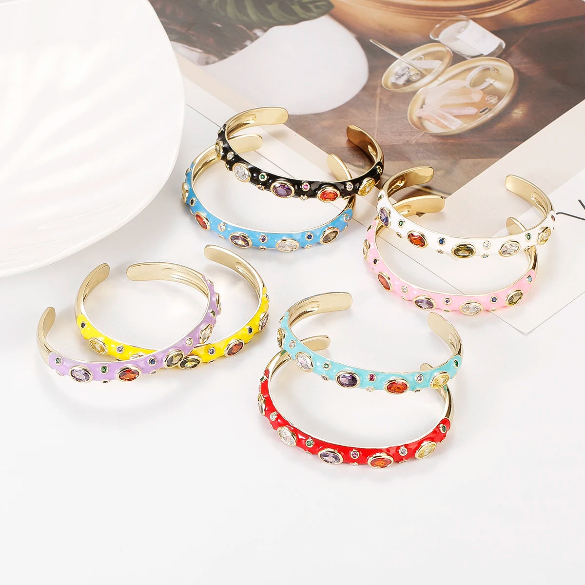 🍒Luukse sirkonsteenarmband, kristalkleur, goudkleurig, vir vroue, somer klassieke pienk oliedruppel juweliersware, skraal manchetarmbande, strass geskenke vir vroue