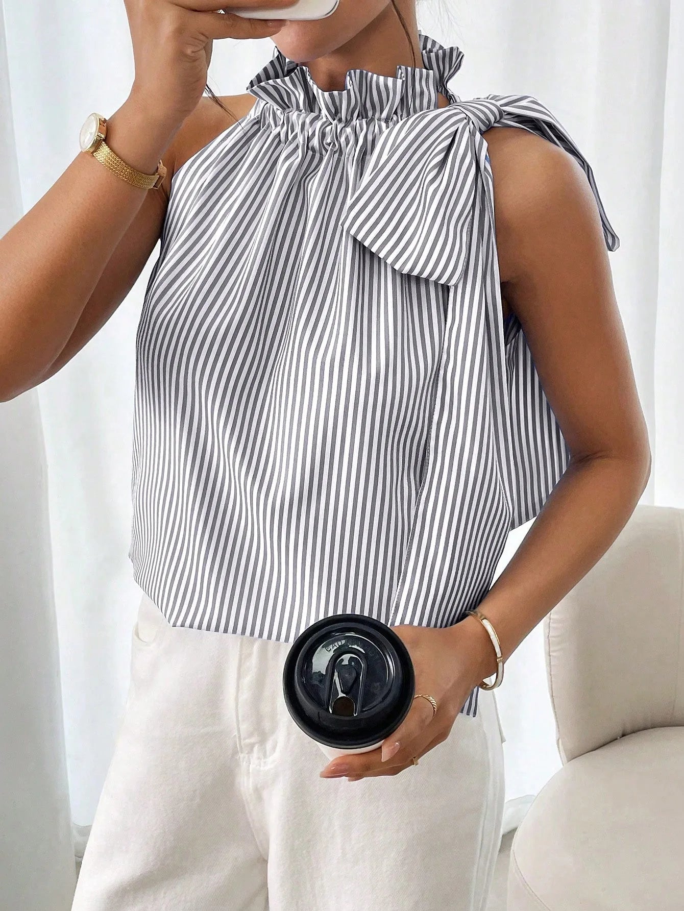 🍒Women shirts sleeveles sweet stripe blouse cute printed summer tops tie bow smart casual attire ladies